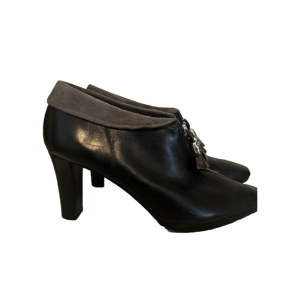 BRIGHTON Stacey Black Leather Ankle Boot‎ Heel Silver Bead Zipper 8.5 Booties